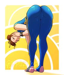 ass ass_bigger_than_head ass_focus barefoot bent_over bracelets brown_eyes brown_hair capcom chun-li clothing crop_top face_down_ass_up feet female female_only full_body_suit fully_clothed galaxee_nut hair_bun hair_buns hand_on_head huge_ass lips looking_at_viewer looking_back muscle_mommy muscles muscular muscular_legs muscular_thighs presenting pussy shiny_skin smile smiling smiling_at_viewer solo street_fighter street_fighter_6 tagme thick_lips thick_thighs thighs thunder_thighs tight_clothing tights