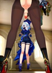 1futa 1girls 3d 3darquesse arlecchino_(genshin_impact) blender collar furina_(genshin_impact) futa_focus futanari genshin_impact hanging_penis tagme