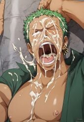 1boys angry_face arms_up excessive_cum eyes green_hair muscular one_piece roronoa_zoro