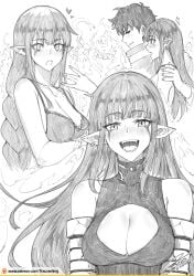 2boys absurdres bare_shoulders blush bra braid breast_grab breasts breasts_out cleavage cleavage_cutout clothing_cutout crack dated earrings elf_ears elf_female elf_girl english_commentary esil_radiru fangs female fkscrashing greyscale hand_on_another's_shoulder heart highres jewelry long_hair looking_at_another looking_at_viewer medium_breasts monochrome multiple_boys oerba_yun_fang open_mouth patreon_logo patreon_username pointy_ears signature solo_leveling straight_hair sung_jin-woo tusk_(solo_leveling) underwear very_long_hair