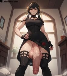 1girls absurd_res ai_generated black_dress black_hair breasts curvy curvy_figure dickgirl dominant dominant_futanari domination dress enormous_penis female female from_below futa_only futadom futanari futanari hand_on_hip high_resolution highres huge_balls huge_cock huge_cock indoors lewdcreationsfuta looking_at_viewer mature mature_female mature_futa mature_woman penis penis_out precum precum_drip precum_on_penis precum_string red_eyes sexually_suggestive smirk solo solo_female solo_focus spy_x_family tagme thick thick_legs thick_thighs thighs veiny veiny_penis wife yor_forger