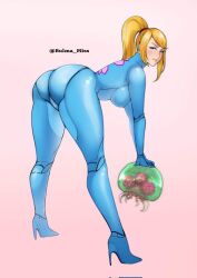 ass_focus bending_over bent_over big_ass big_breasts blonde_hair blue_eyes blue_suit blush bubble_butt commission female female_only fit fully_clothed high_heels jnsdh latex_suit looking_at_viewer looking_back metroid metroid_(creature) pale-skinned_female pale_skin samus_aran shiny_clothes skin_tight suggestive_look suit thick_ass thick_thighs tight_clothing wide_hips zero_suit zero_suit_samus