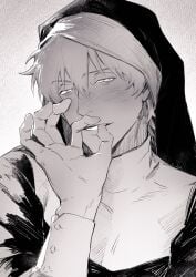 alternate_costume blush chimmyming crossdressing fellatio_gesture fully_clothed gintama gintoki_sakata habit half-closed_eyes looking_at_viewer male male_nun male_only manly_crossdresser monochrome nun nun's_habit nun_outfit smile solo upper_body