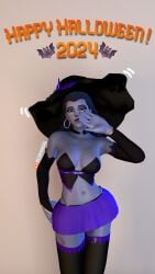 1girls 3d 8k black_thighhighs blizzard_entertainment breasts clothed collarbone colored_skin earrings female hair_pulled_back halloween halloween_costume head-mounted_display hi_res indoors jewelry lips lipstick long_hair looking_at_viewer makeup medium_breasts navel nipples overwatch overwatch_2 patreon photo photoshoot picture ponytail pose purple_hair purple_lips purple_skin sexy_dress solo stud_earrings tattoo thigh_gap widowmaker widowmaker_(overwatch) yasminnora