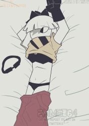 bed black_bow black_bra black_underwear bob-cut claire_(fundamental_paper_education) emmet64_(artist) fundamental_paper_education goggles on_bed paper_person red_cargo_pants white_hair