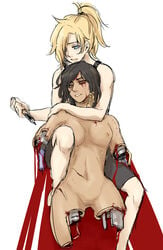 amputee android black_hair blonde_hair blood blue_eyes breasts mameo mechabare mercy navel nipples no_pussy overwatch parts_exposed pharah quadruple_amputee white_background