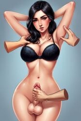 black_hair bra cleavage futanari groping handjob hands_behind_head standing