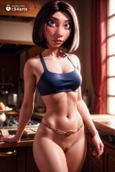 1girls ai_generated artist_name belly_chain blue_eyes blurry blurry_background blush bob_cut bottomless bra breasts brown_hair cleavage cleft_of_venus colette_tatou collarbone cowboy_shot disney hi_res indoors kitchen lips looking_at_viewer medium_breasts navel nose pixar pussy r34arts ratatouille short_hair solo sports_bra standing uncensored underwear window