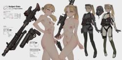 2girls absurdres armor black_armor blonde_hair commission deathtrooper energy_gun english_text gun highres laser_rifle machine_gun mg34 multiple_girls nipples nude polilla reference_sheet revolver rifle siblings simple_background star_wars stormtrooper twins vera_(fierywitherrose) vicky_(fierywitherrose) weapon white_armor wibber_rose