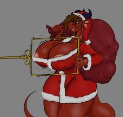 absurd_res big_breasts breast_growth breasts christmas christmas_clothing clothing dragon female growth hair hi_res holidays long_hair mythological_creature mythological_scalie mythology red_body red_scales scales scalie telia teliars643