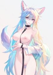 absurdres animal_ear_fluff animal_ears bell blonde_hair blue_hair bottomless breasts chinese_commentary collar commentary_request female fox_ears gradient_background green_hair grey_background highres kirby_d_a leash long_hair looking_at_viewer luo_shun_yao medium_breasts multicolored_hair neck_bell nipples nude original pussy revision smile solo tail thighs uncensored very_long_hair white_hair