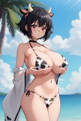 ai_generated beach cow_ears cow_girl cow_print cow_print_bikini holding_breast huge_breasts