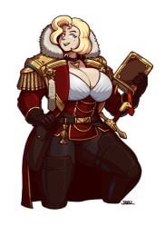 1girls aquila_(symbol) belt big_breasts black_lipstick blazbaros blonde_female blonde_hair blue_eyes boob_window book cleavage cleavage_window corset fancy fancy_clothing female female_only fully_clothed fur_trim gloves imperium_of_man inquisition inquisition_(warhammer_40k) inquisitor inquisitor_(warhammer_40k) jewelry lipstick medal medallion mole necklace noble noblewoman not_porn paper parchment purity_seal raised_knee raised_leg royal royalty sfw short_hair shoulder_pads solo solo_female solo_focus sword sword_hilt thick_thighs warhammer_(franchise) warhammer_40k white_background wide_hips