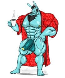 abs anthro balls biceps black_hair blue_bunny blue_fur boner breasts bunny charles_(grungebeetle) chest_hair coffee furry grungebeetle holding_mug huge hyper male muscular muscular_anthro muscular_furry muscular_male naked pecs penis quads rabbit red_bathrobe silver-stag solo triceps