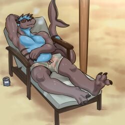 1:1 anthro beach beverage_can bulge chair claws closed_eyes fallflys fish furniture hi_res lounge_chair lying male marine on_back reclining sand shark solo tail