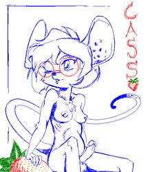 1futa 2016 anthro balls breasts cassie_gliese chest_tuft dickgirl dipstick_tail erection eyewear food fruit fur futanari glasses hair intersex mammal mouse multicolored_tail nipples nude one_eye_closed penis pinderhooks pinup pose rodent short_hair simple_background sitting sketch solo strawberry tuft white_background wink