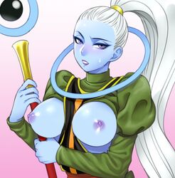 1girls angel_(dragon_ball) areolae blue_skin blush breasts clothed clothing dragon_ball dragon_ball_super female hair humanoid large_breasts mammal nipples puffy_nipples purple_eyes simple_background sweat teba_motoko universe_6/universe_7 universe_6_girls vados wand weapon white_hair