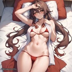 ai_generated bed belly bikini_bottom bikini_top blush brown_hair button genshin_impact hu_tao_(genshin_impact) long_hair lupusorchis lying_down medium_breasts provocative red_bed red_bikini_bottom red_bikini_top red_eyes red_towel thick_thighs thong_bikini towel_on_head very_blushed