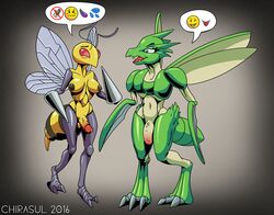 2016 abdomen antennae anthro areola arthropod balls bee beedrill blush breasts chirasul dialogue duo female full-length_portrait full_length green_eyes hi_res humanoid_penis insect_wings insects male nintendo nipples nude open_mouth partially_retracted_foreskin penis pokemon portrait red_eyes scyther simple_background speech_bubble standing stinger straight teeth uncut video_games watermark wings