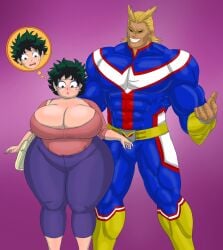 1boy 1girls all_might bimbo boku_no_hero_academia female_deku fully_clothed green_eyes green_hair huge_ass huge_breasts hyper_ass hyper_breasts inko_midoriya izuku_midoriya milf mtf_transformation my_hero_academia pixar_mom rule_63 saturnxart tagme toshinori_yagi transformation