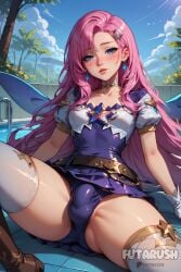 ai_generated blue_eyes blush boots breasts brown_footwear bulge choker collarbone earrings futarush gloves jewelry league_of_legends league_of_legends:_wild_rift long_hair looking_at_viewer outdoors panties parted_lips patreon patreon_username pink_hair pool puffy_short_sleeves riot_games seraphine_(league_of_legends) short_sleeves sitting solo spread_legs sultryspark thighhighs underwear white_gloves white_thighhighs