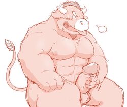 12beat13 1boy abs anthro beat_you_(artist) blush bovine cattle erection male male_only mammal masturbation muscular pecs penis simple_background solo white_background