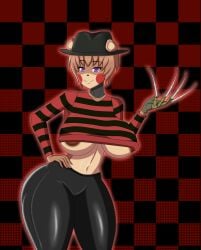 1girls big_breasts blackfox6409 blue_eyes breasts brown_body brown_hair claws female female_only five_nights_at_freddy's five_nights_in_anime fnia freddy_(fnia) freddy_krueger_(cosplay) halloween halloween_costume hat looking_at_viewer pants solo sweater wide_hips yoga_pants