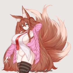 1girls animal_ears bottomless breasts brown_hair collared_shirt esg_(essagna) female fox_ears fox_tail green_eyes hair_between_eyes hair_ribbon jacket large_breasts looking_at_viewer multiple_tails nail_polish necktie no_bra open_clothes open_jacket open_shirt original pink_nails plushmallow ribbon simple_background skindentation sleeveless sleeveless_shirt smile solo striped striped_legwear tail thighhighs twintails very_long_hair