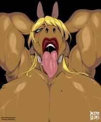 anthro armpit_hair black_background blonde_hair blush bodily_fluids body_hair brown_body brown_fur equid equine female fur hair horse humanoid lipstick makeup mammal markings metalling mole_(marking) simple_background solo sweat tongue tongue_out umaterasu_(metalling) watermark