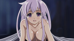 blush breasts female hair_censor hair_over_breasts lavender_hair long_hair looking_at_viewer nepgear neptunia_(series) nude open_mouth smile solo under_covers wbd