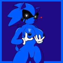 1girls big_breasts blue_body blue_fur fanon female holding_breast sonic.exe_(series) sonic_(series) tongue_out wearing_clothes white_eyes