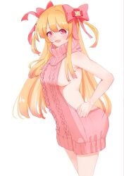 aged_up alternate_costume blonde_hair blush breasts chaos_marie_(grimms_notes) female grimms_notes highres long_hair medium_breasts meme_attire nagyo_9674 pink_eyes pink_sweater sideboob simple_background smile solo sweater virgin_killer_sweater white_background