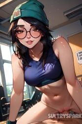 1boy ai_generated beanie black_hair blush bottomless breasts brown_eyes cowgirl_position cowgirl_position female futarush glasses hat indoors killjoy_(valorant) lips long_hair looking_at_viewer medium_breasts navel parted_lips patreon patreon_username penis pov pussy riot_games round_eyewear sex smile solo_focus sports_bra straddling straight sultryspark sweat uncensored vaginal_penetration valorant