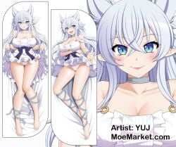 1girls animal_ear_fluff barefoot blue_eyes blue_hair dakimakura fenrys large_breasts looking_at_viewer lv2_kara_cheat_datta_motoyuusha_kouho_no_mattari_isekai_life wolf_ears wolf_girl