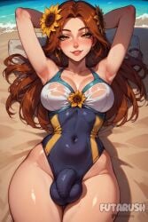 ai_generated armpits arms_behind_head arms_up beach blush breasts brown_hair covered_nipples day erection flower futanari futarush hair_flower hair_ornament league_of_legends league_of_legends:_wild_rift leona_(league_of_legends) long_hair looking_at_viewer nipples one-piece_swimsuit outdoors patreon patreon_username penis riot_games see-through smile solo spread_legs sultryspark swimsuit testicles water wet wet_clothes yellow_eyes