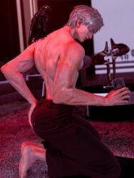 1boy 3d 3d_(artwork) ass ass_focus ass_grab back_view big_butt kneeling love_and_deep_space male male_only muscular muscular_male on_knees partially_clothed selfie_pose side_view silver_hair suggestive_pose sylus_(love_and_deep_space) thick_thighs vein veins