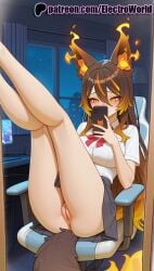 1girls 2025 ai_generated animal_ear_fluff animal_ears artist_name blush book cellphone classroom clitoral_hood desk electroworld exposed_pussy female fire hi_res high_quality high_resolution highres holding holding_book holding_phone indoors juicy_pussy long_hair multicolored_hair night night_sky no_panties on_desk patreon patreon_username phone pussy school_chair school_desk school_uniform sinder_(vtuber) sitting sitting_on_desk skirt smartphone solo stable_diffusion tail tight_pussy vagina virtual_youtuber vtuber watermark white_shirt window wolf_ears