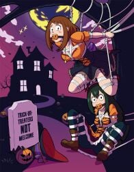 2d 2d_(artwork) arms_behind_back ball_gag bondage bondage bound bound_arms bound_legs breasts female female_focus female_only gag gagged halloween human humanoid looking_at_viewer my_hero_academia ochako_uraraka rope rope_between_breasts rope_bondage suspended suspension suspension_bondage thick_thighs thighs tsuyu_asui uraraka_ochako wossarem