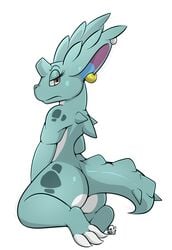 2015 anthro ass ear_piercing eyelashes female hi_res kingbeast kneeling looking_at_viewer nidorina nintendo nude piercing pokémon_(species) pokemon simple_background solo video_games white_background