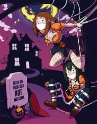 2d 2d_(artwork) arms_behind_back bondage bondage bound bound_arms bound_legs breasts female female_focus female_only gag gagged halloween human humanoid looking_at_viewer my_hero_academia ochako_uraraka over_the_mouth_gag rope rope_between_breasts rope_bondage suspended suspension suspension_bondage thick_thighs thighs tsuyu_asui uraraka_ochako variant wossarem