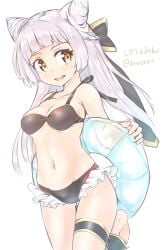 animal_ears breasts chaos_puss_in_boots_(grimms_notes) female grimms_notes hair_ribbon highres looking_to_the_side medium_breasts not_porn open_mouth ribbon sfw shika simple_background smile solo standing standing_on_one_leg swimsuit twitter_username white_background white_hair yellow_eyes