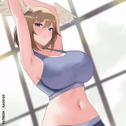 1girls animated armpits arms_above_head arms_up bare_shoulders belly belly_button blue_eyes bouncing_breasts breast_wobble breasts brown_hair busty cleavage curvy dripping eunie_(xenoblade) female female_only head_wings hourglass_figure kaos_art large_breasts legwear looking_at_viewer loop midriff monolith_soft navel nintendo sideboob sports_bra stretching sweat sweat_drip sweatdrop sweating sweaty_armpits thick_thighs thighs voluptuous wide_hips wobbling_breasts xenoblade_(series) xenoblade_chronicles_3 yoga_pants