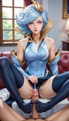 ai_generated cum cum_on_thighs dress elementalist_lux elementalist_lux_air footjob league_of_legends luxanna_crownguard panties riot_games thighhighs