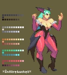 adult bat_wings black_boots boots bouncing_boobs bouncing_breasts capcom darkstalkers demon_wings exposed_shoulders female girl green_hair heart_cutout inktrebuchet morrigan_aensland not_porn pixel_animation pixel_art resized sfw skin_tight_suit succubus