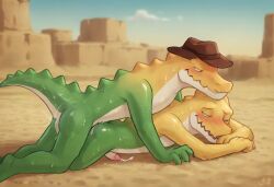 2boys amazing anthro ass background blush body cowboy crocodile crocodilian cum desert ejaculation environment erection expression eyes gay green gummigoo_(the_amazing_digital_circus) hat hot in look looking male male/male mouth muscular nude only open pecs penetrated penetration penis pussy reptile scalie sex smiling smirking threesome tired toned viewer while white yellow