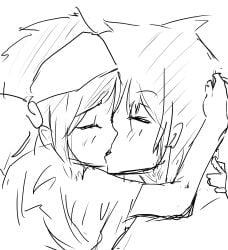 1boy 1girls ainu_clothes arms_around_neck blush closed_eyes french_kiss from_side hair_ribbon hand_on_another's_head highres hisame_shizumaru hug japanese_clothes kissing monochrome ribbon rimururu romantic samurai_shodown shizumaru_hisame sketch snk tongue tongue_out wholesome