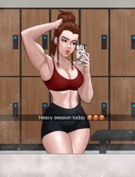 1girls armpits arms_behind_head arms_up beghast big_breasts brigitte brigitte_lindholm brown_hair buff caption freckles ginger gym high_resolution highres light-skinned_female light_skin locker_room mirror mirror_selfie muscular muscular_female overwatch overwatch_2 pouting red_hair selfie sweat sweaty sweaty_body wide_hips