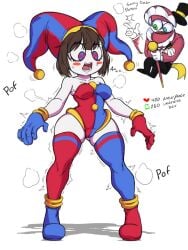 1boy 1girls alternate_costume anklet bangs bare_shoulders blue_eyes blue_skin blush blush_stickers bodysuit boots bracelet breasts brown_hair cape cleavage cold female full_body gloves hat heart heart_in_mouth jester_cap legs_apart leotard male medium_breasts mind_control open_mouth pigeon-toed pointy_footwear red_eyes red_gloves red_hair shadow short_hair smile standing strapless sweat symbol-shaped_pupils thick_thighs thighhighs thighs trembling weapon white_background yellow_gloves
