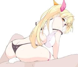 1boy ass blonde_hair breasts censored commentary_request cowgirl_position female hair_ornament hair_ribbon heterochromia highres hoshikawa_sara hoshikawa_sara_(1st_costume) large_breasts looking_back nijisanji ohako partial_commentary penis red_eyes reverse_cowgirl_position ribbon shirt simple_background solo_focus straddling straight sweat thigh_strap tied_shirt virtual_youtuber white_background white_shirt x_hair_ornament yellow_eyes