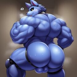 1boy 1furry 1male ai_generated animatronic animatronic_male ass balls bara black_sclera blue_fur bubble_butt butt candougie domestic_cat fazbear_fanverse felid feline five_nights_at_candy's fnaf frosting.ai furry furry_ass furry_male furry_only gay male male_only muscular muscular_male musk_clouds old_candy_(fnac) solo solo_male sweat tongue